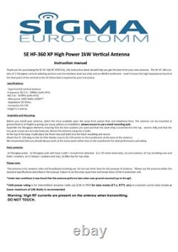 HF-360 XP HIGH POWER 1kW FIBREGLASS VERTICAL ANTENNA 80 TO 6 Meters