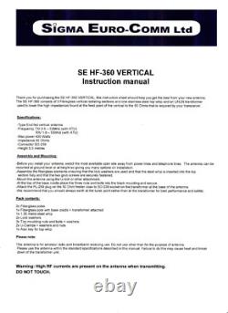Ham Radio Antenna SE HF-360 FIBRE GLASS VERTICAL RADIAL FREE 80 TO 6 METERS