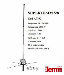 LEMM AT92 SUPERLEMM ANTENNA CB 27 MHZ 26-28 MHz 5/8 D' ONDA DA BASE FISSA TETTO