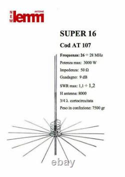 Lemm Super 16 At-107 At 107 Antenna Cb 27mhz Fissa Cortocircuitata 3/4 Onda