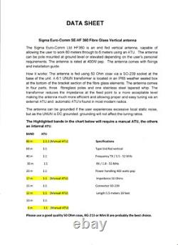 SE HF-360 Radial Vertical Fiberglass Without Antenna 80-6 Meters